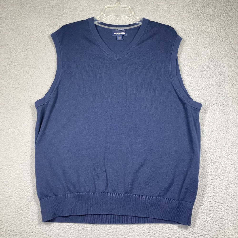 Lands' End Sweater Men's XL Navy Blue Vest V Neck Classic‎ Grandpa Core Coastal